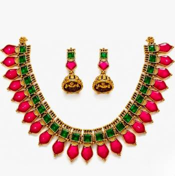 Gold plated ruby & green indian jewelry set: traditional necklace with jhumka  4
