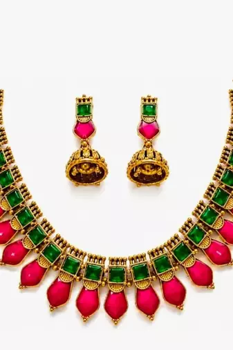 Gold plated ruby & green indian jewelry set: traditional necklace with jhumka 
