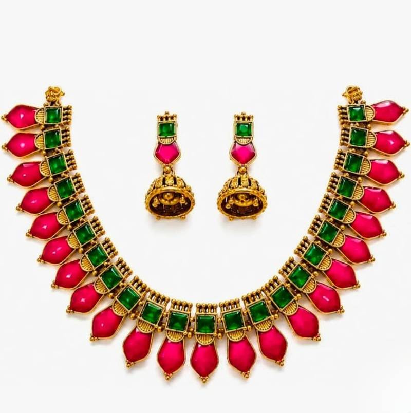 Gold plated ruby & green indian jewelry set: traditional necklace with jhumka 