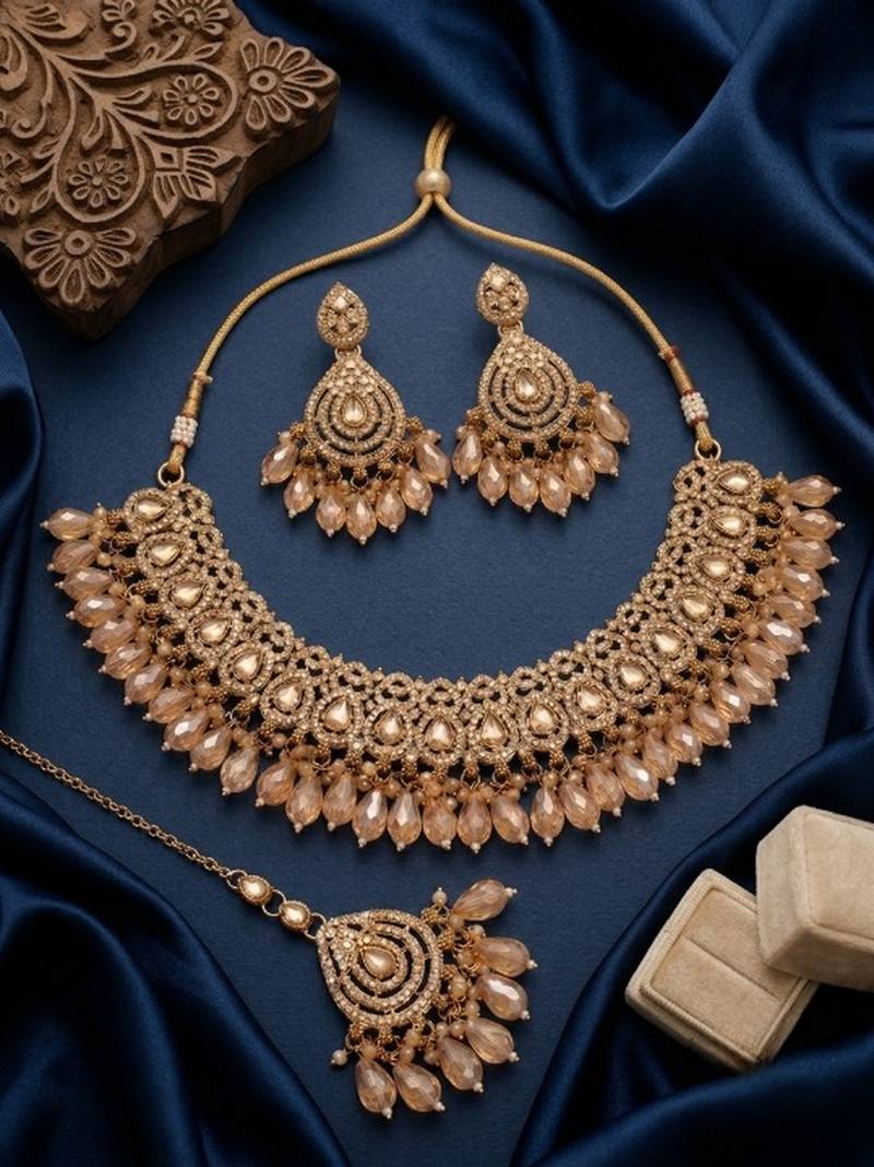 gold champagne indian jewelry set: choker necklace, earrings & maang tikka