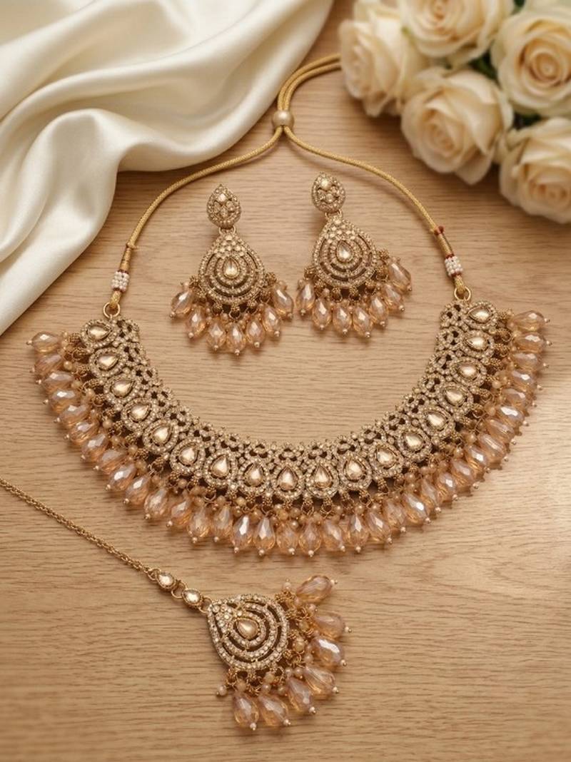 gold champagne indian jewelry set: choker necklace, earrings & maang tikka