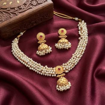 gold plated pearl choker necklace set with jhumka earrings  1