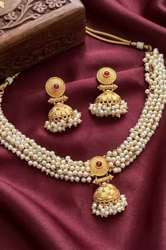gold plated pearl choker necklace set with jhumka earrings 
