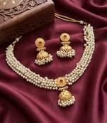 gold plated pearl choker necklace set with jhumka earrings 