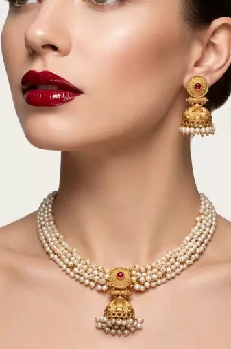 gold plated pearl choker necklace set with jhumka earrings 