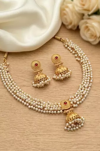gold plated pearl choker necklace set with jhumka earrings 