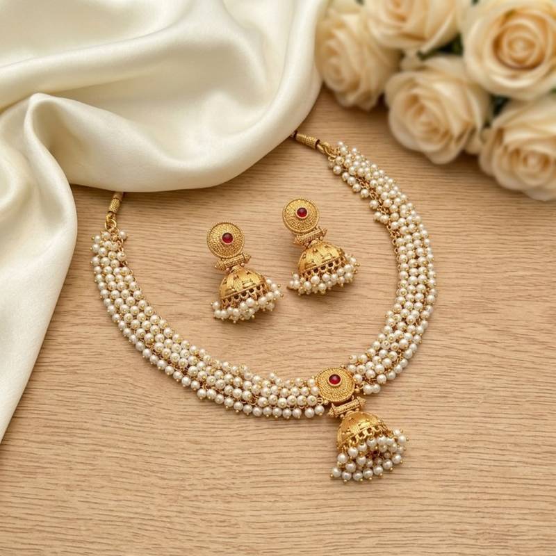 gold plated pearl choker necklace set with jhumka earrings 