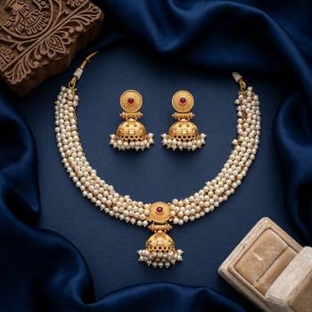 gold plated pearl choker necklace set with jhumka earrings  4