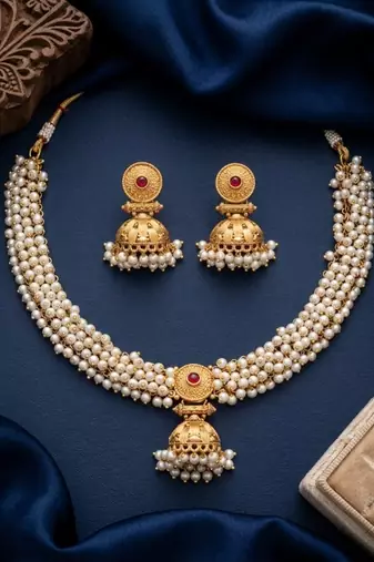 gold plated pearl choker necklace set with jhumka earrings 