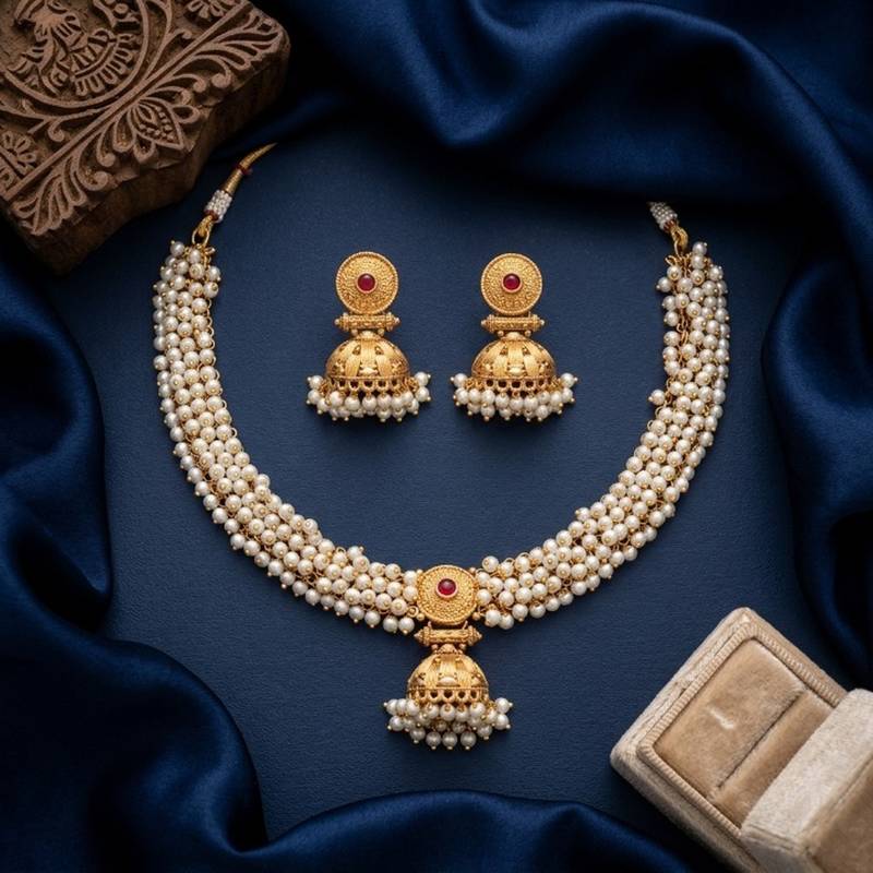gold plated pearl choker necklace set with jhumka earrings 