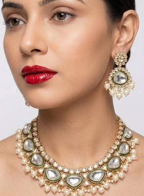 kundan polki choker necklace set with earrings & maang tikka, gold plated bridal  1