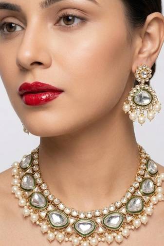 kundan polki choker necklace set with earrings & maang tikka, gold plated bridal 