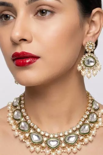 kundan polki choker necklace set with earrings & maang tikka, gold plated bridal 