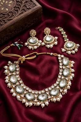kundan polki choker necklace set with earrings & maang tikka, gold plated bridal  2