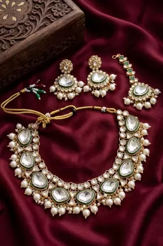 kundan polki choker necklace set with earrings & maang tikka, gold plated bridal 