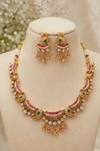 gold plated kundan necklace set with ruby green cz stones & jhumka earrings 
