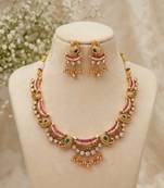 gold plated kundan necklace set with ruby green cz stones & jhumka earrings 