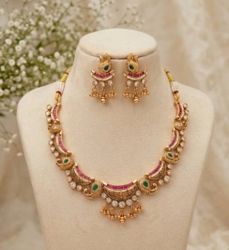 gold plated kundan necklace set with ruby green cz stones & jhumka earrings 