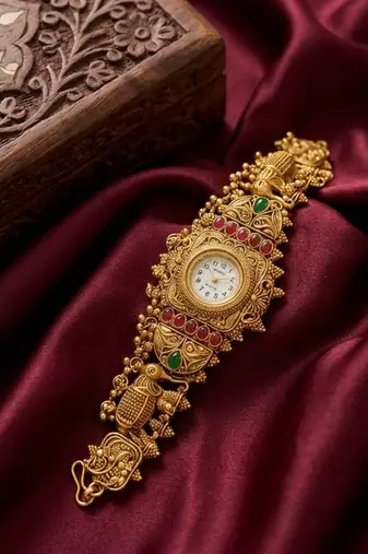 antique gold plated temple bracelet watch, south indian kundan ruby