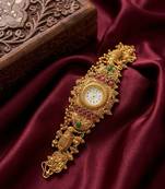 antique gold plated temple bracelet watch, south indian kundan ruby