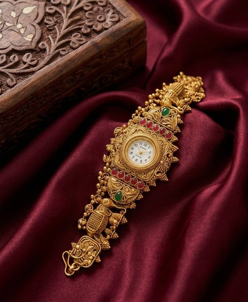 antique gold plated temple bracelet watch, south indian kundan ruby