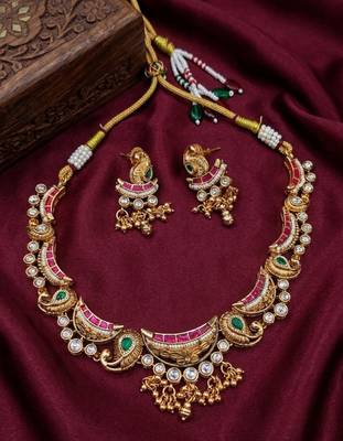 gold plated kundan necklace set with ruby green cz stones & jhumka earrings  2