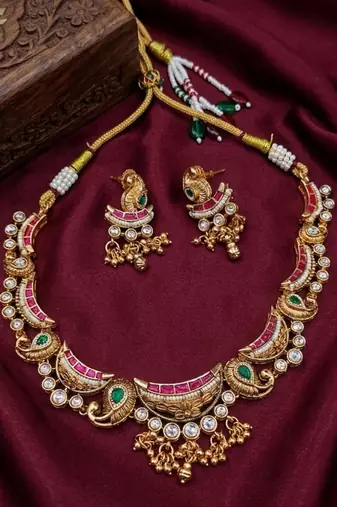 gold plated kundan necklace set with ruby green cz stones & jhumka earrings 