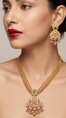 antique gold kundan necklace set with earrings south indian temple bridal jewelry set for women  1