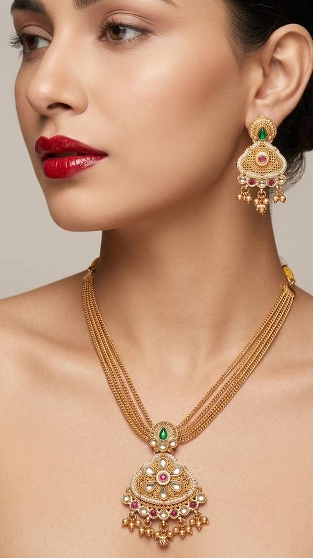 antique gold kundan necklace set with earrings south indian temple bridal jewelry set for women 