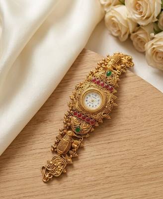 antique gold plated temple bracelet watch, south indian kundan ruby 2