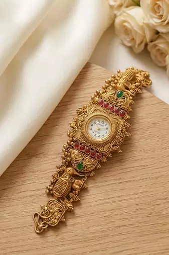 antique gold plated temple bracelet watch, south indian kundan ruby