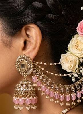 gold plated kundan & mirror work pastel pink jhumka earrings with ear chain 1