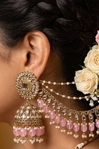 gold plated kundan & mirror work pastel pink jhumka earrings with ear chain