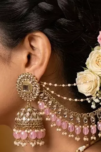 gold plated kundan & mirror work pastel pink jhumka earrings with ear chain