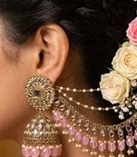 gold plated kundan & mirror work pastel pink jhumka earrings with ear chain