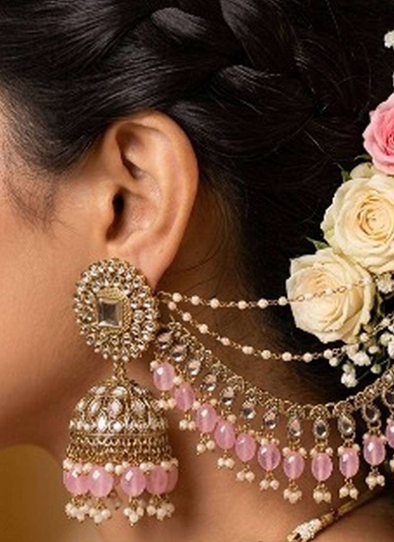 gold plated kundan & mirror work pastel pink jhumka earrings with ear chain