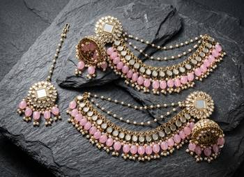 gold plated kundan & mirror work pastel pink jhumka earrings with ear chain 2