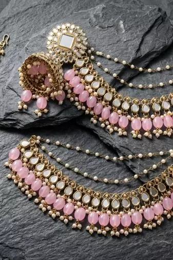 gold plated kundan & mirror work pastel pink jhumka earrings with ear chain