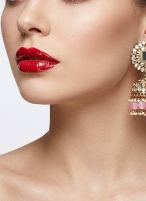 gold plated kundan & mirror work pastel pink jhumka earrings with ear chain 3