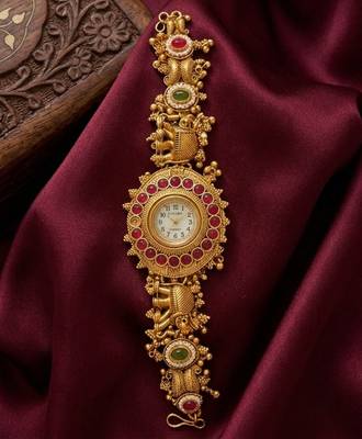 antique gold plated temple bracelet watch, south indian kundan ruby elephant jewelry 1