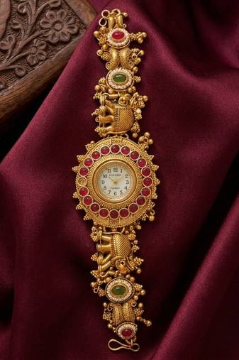 antique gold plated temple bracelet watch, south indian kundan ruby elephant jewelry