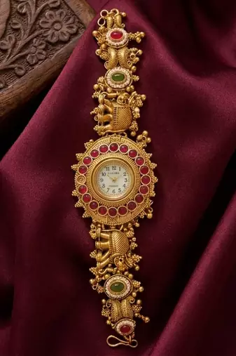 antique gold plated temple bracelet watch, south indian kundan ruby elephant jewelry