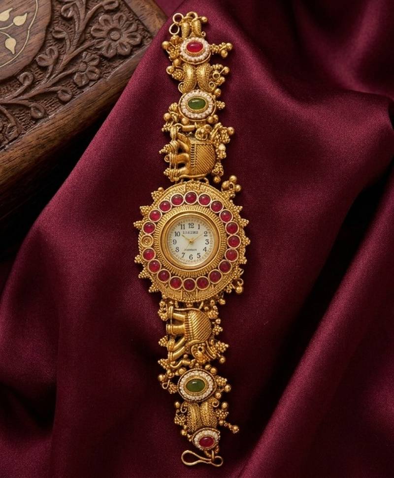 antique gold plated temple bracelet watch, south indian kundan ruby elephant jewelry