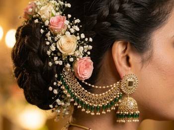 gold plated kundan & mirror work green  jhumka earrings with ear chain  1