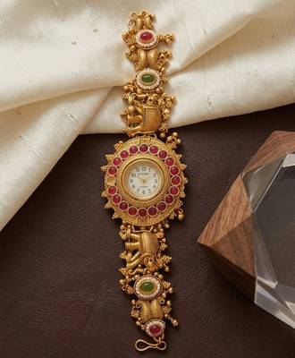 antique gold plated temple bracelet watch, south indian kundan ruby elephant jewelry 2