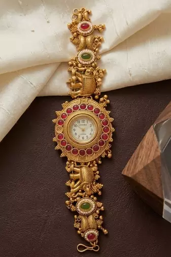 antique gold plated temple bracelet watch, south indian kundan ruby elephant jewelry
