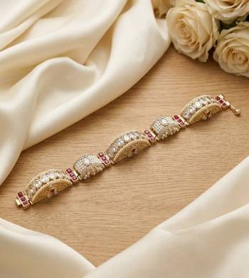 gold kundan pearl bracelet, ruby red stone indian bridal kada 1