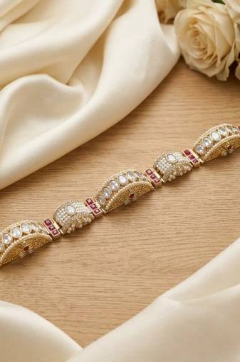 gold kundan pearl bracelet, ruby red stone indian bridal kada