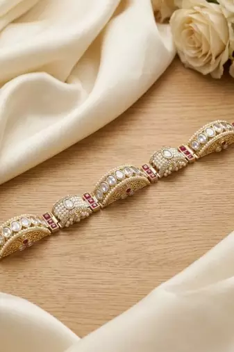 gold kundan pearl bracelet, ruby red stone indian bridal kada