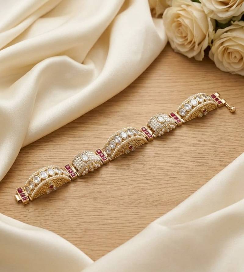 gold kundan pearl bracelet, ruby red stone indian bridal kada